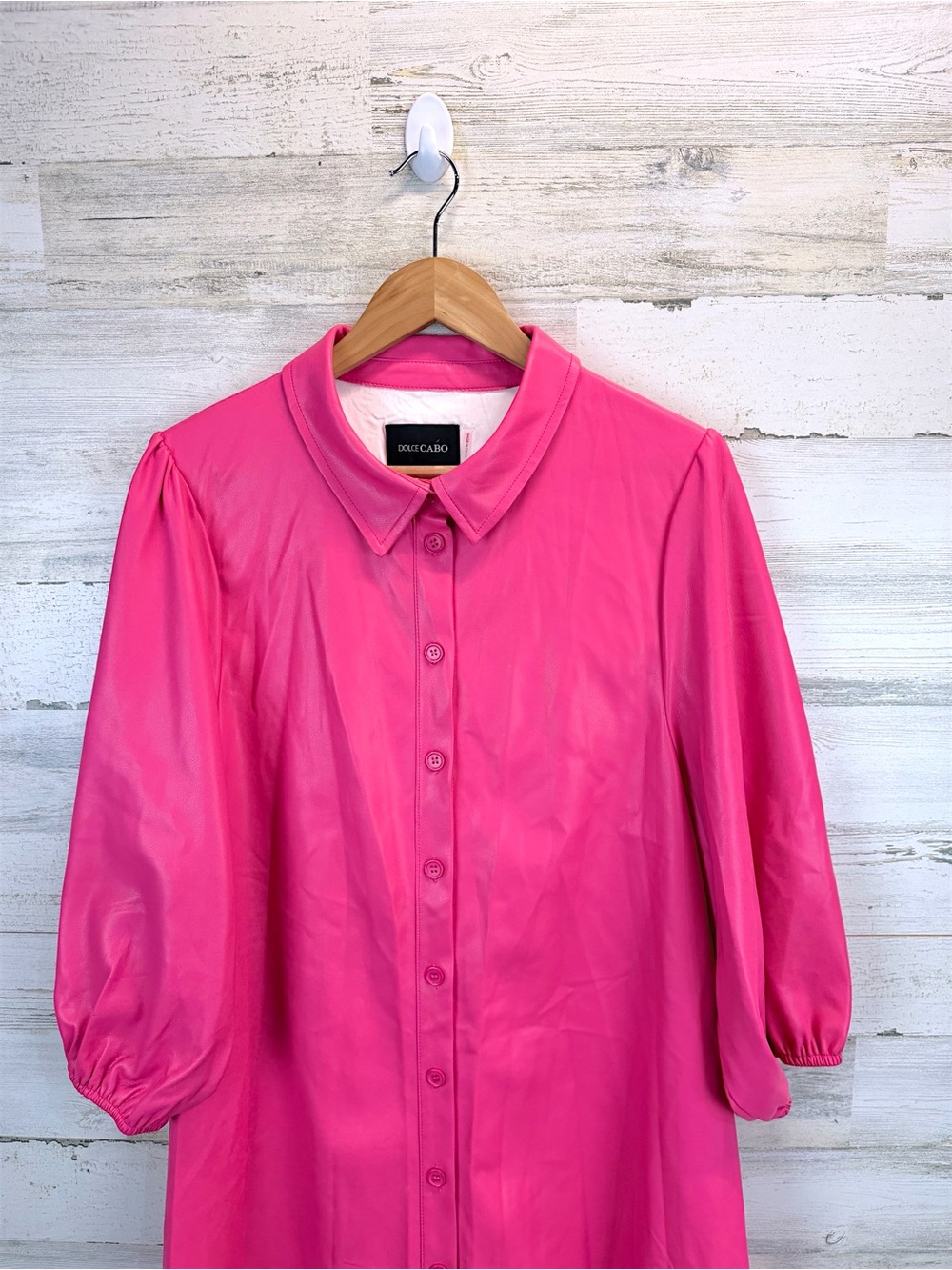 Dolce Cabo Pink Faux Leather Shirt Dress Puff Sleeve Mini XL - Picture 8 of 13